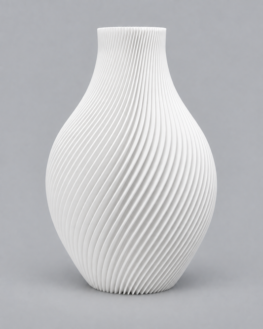 White Sora vase, a round 3D-printed vase with fine spiral ribs and a narrow neck