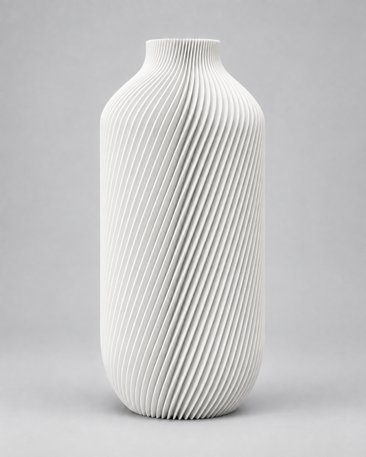 Witte Silk vaas, een 3D-geprinte flesvaas met gedraaide ribbels