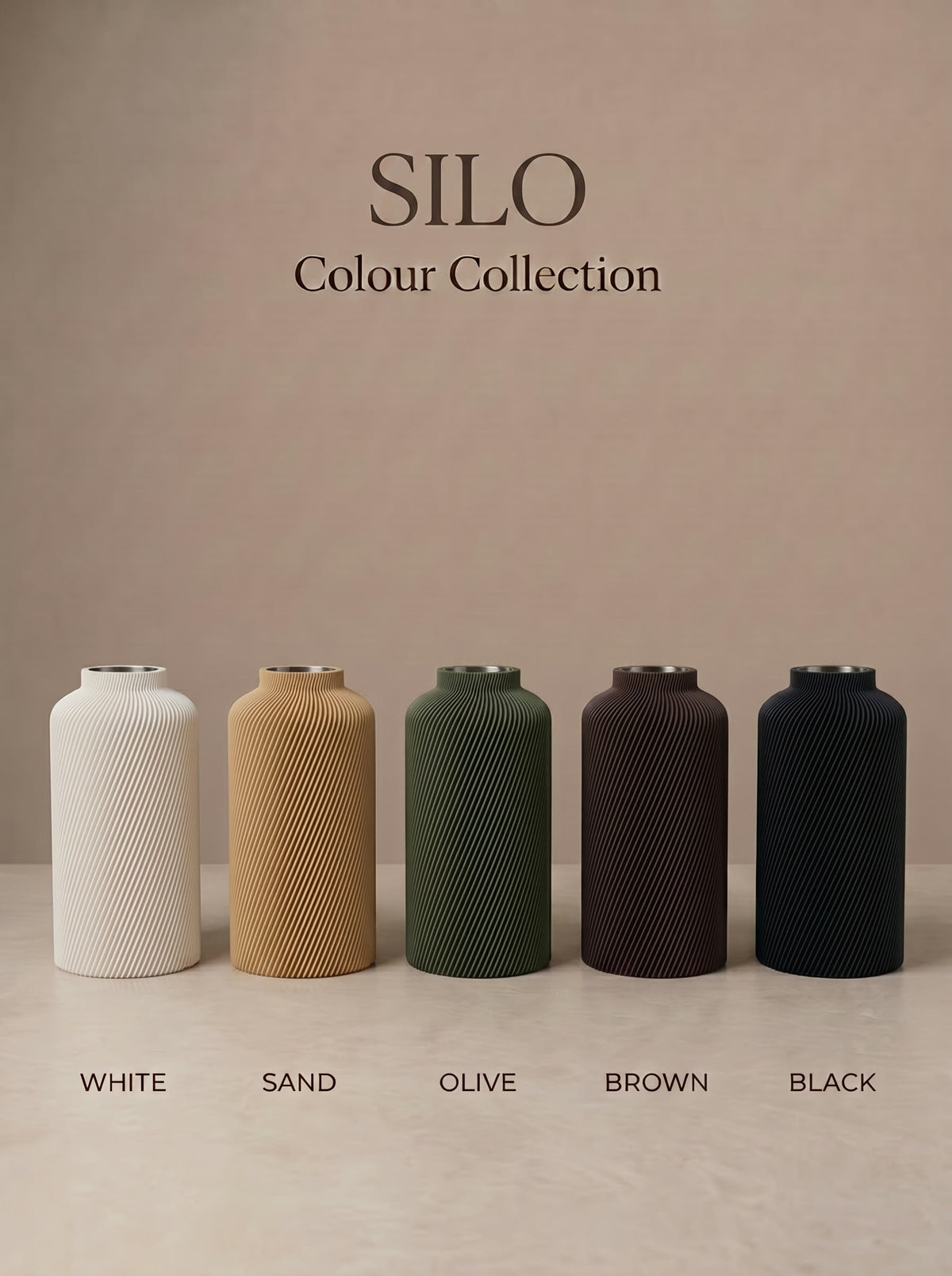 SILO Colour Collection in White, Sand, Olive, Brown and Black