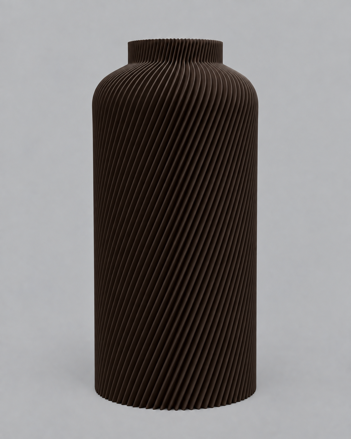 Bruine Silo vaas, een 3D-geprinte cilindervaas met fijne spiraalribbels