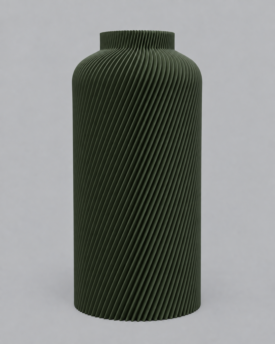 Olijfgroene Silo vaas, een 3D-geprinte cilindervaas met fijne spiraalribbels
