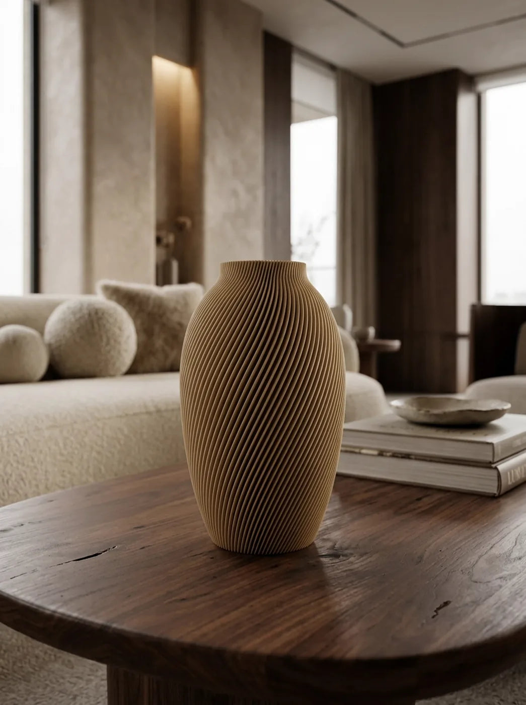 Sand SPIRE vase on a round table in a living room