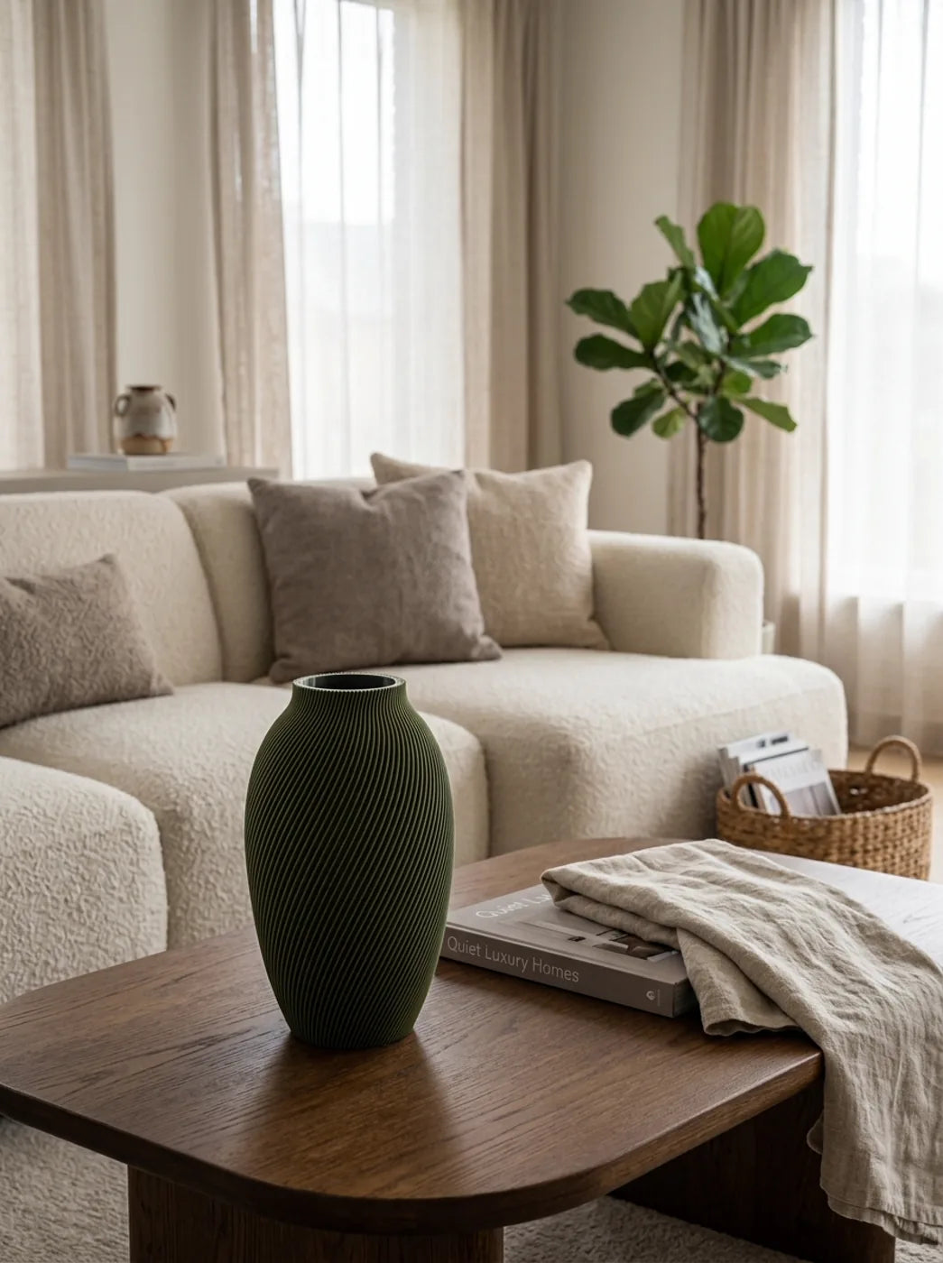 Olive SPIRE vase on a coffee table by a boucle sofa