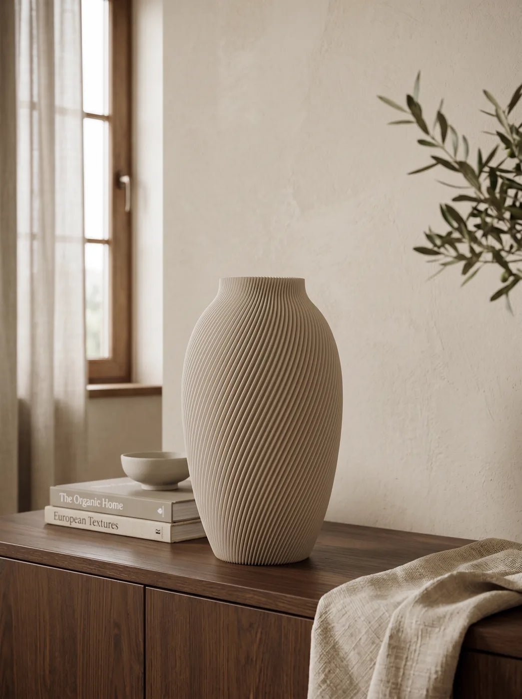 Sand SPIRE vase on a walnut sideboard with an olive branch