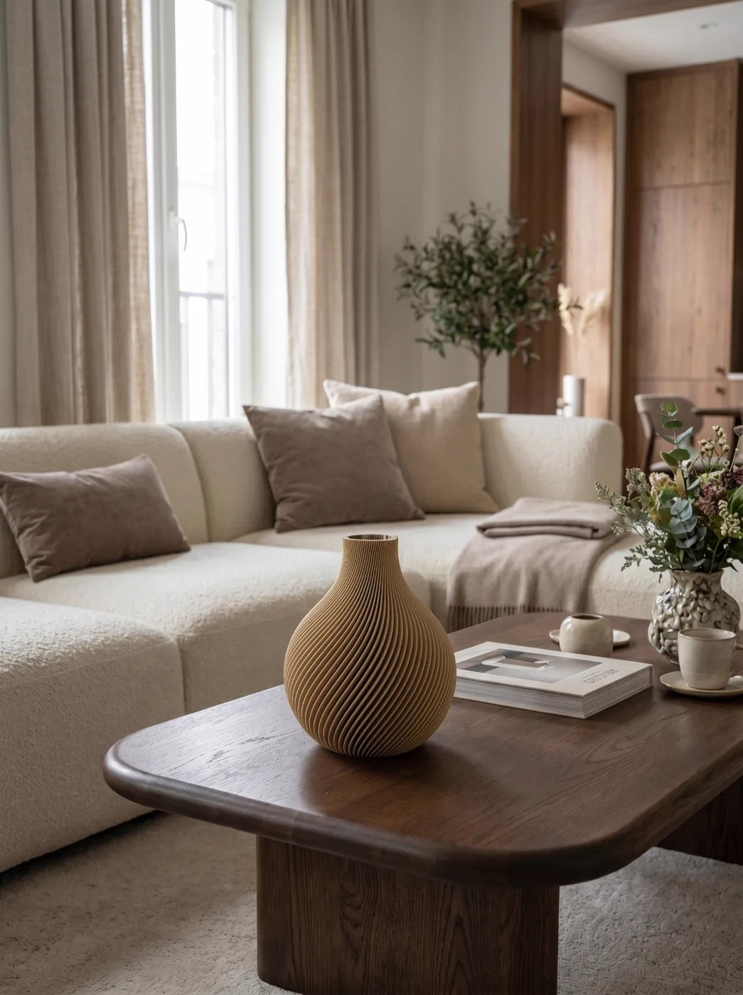 Sand ORB vase on a coffee table in a warm living room