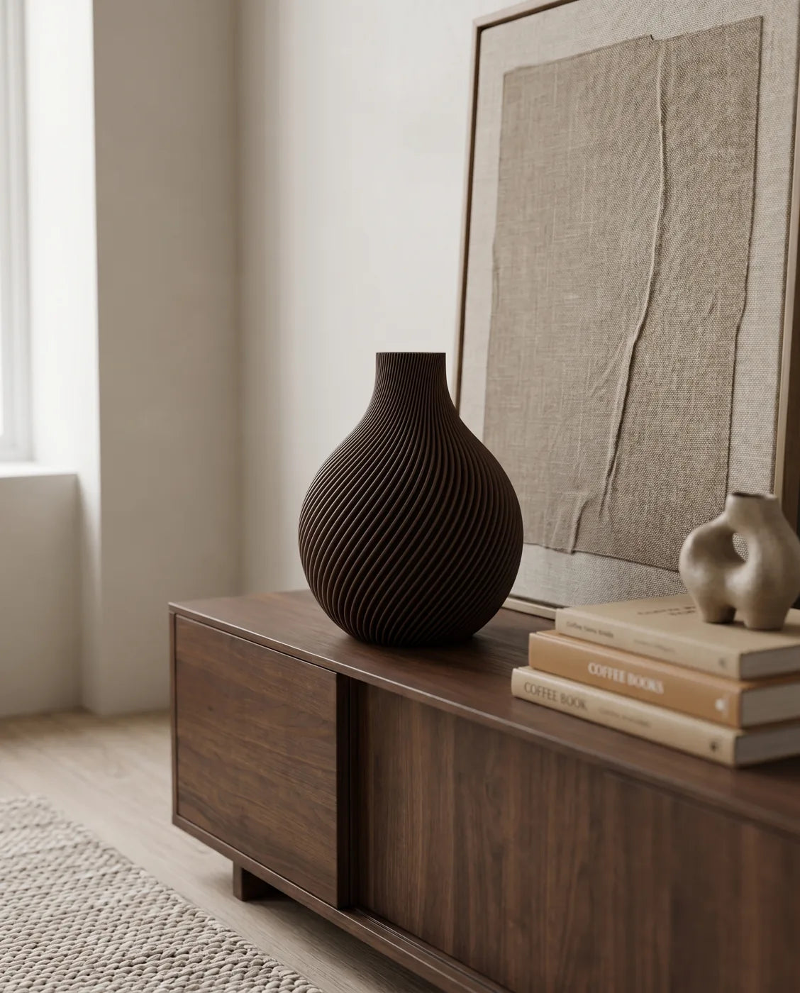 Brown ORB vase on a walnut sideboard with books