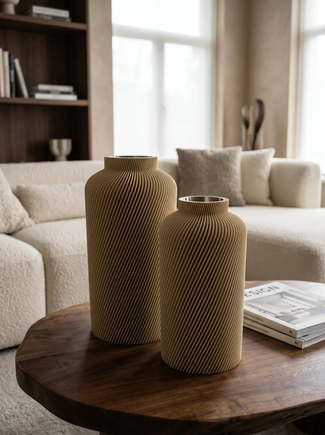 Two sand SILO vases on a wood coffee table