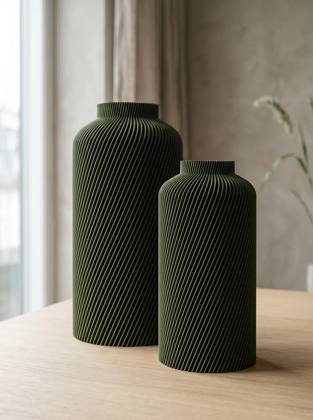 Two olive SILO vases showing two sizes