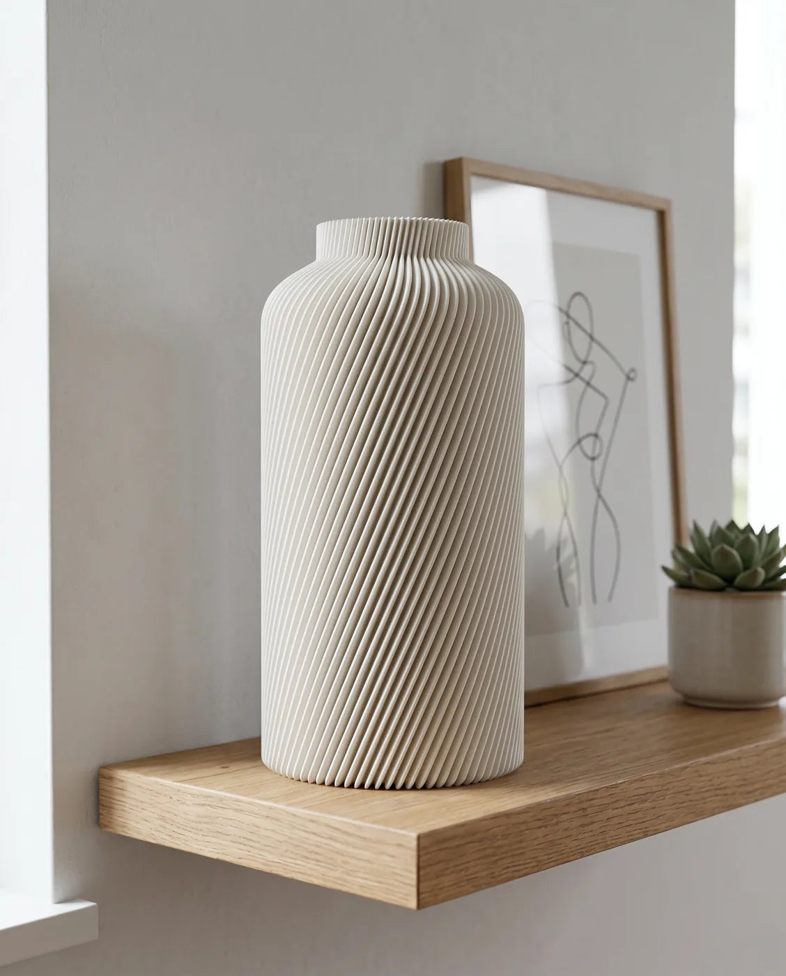 White SILO vase on an oak floating shelf